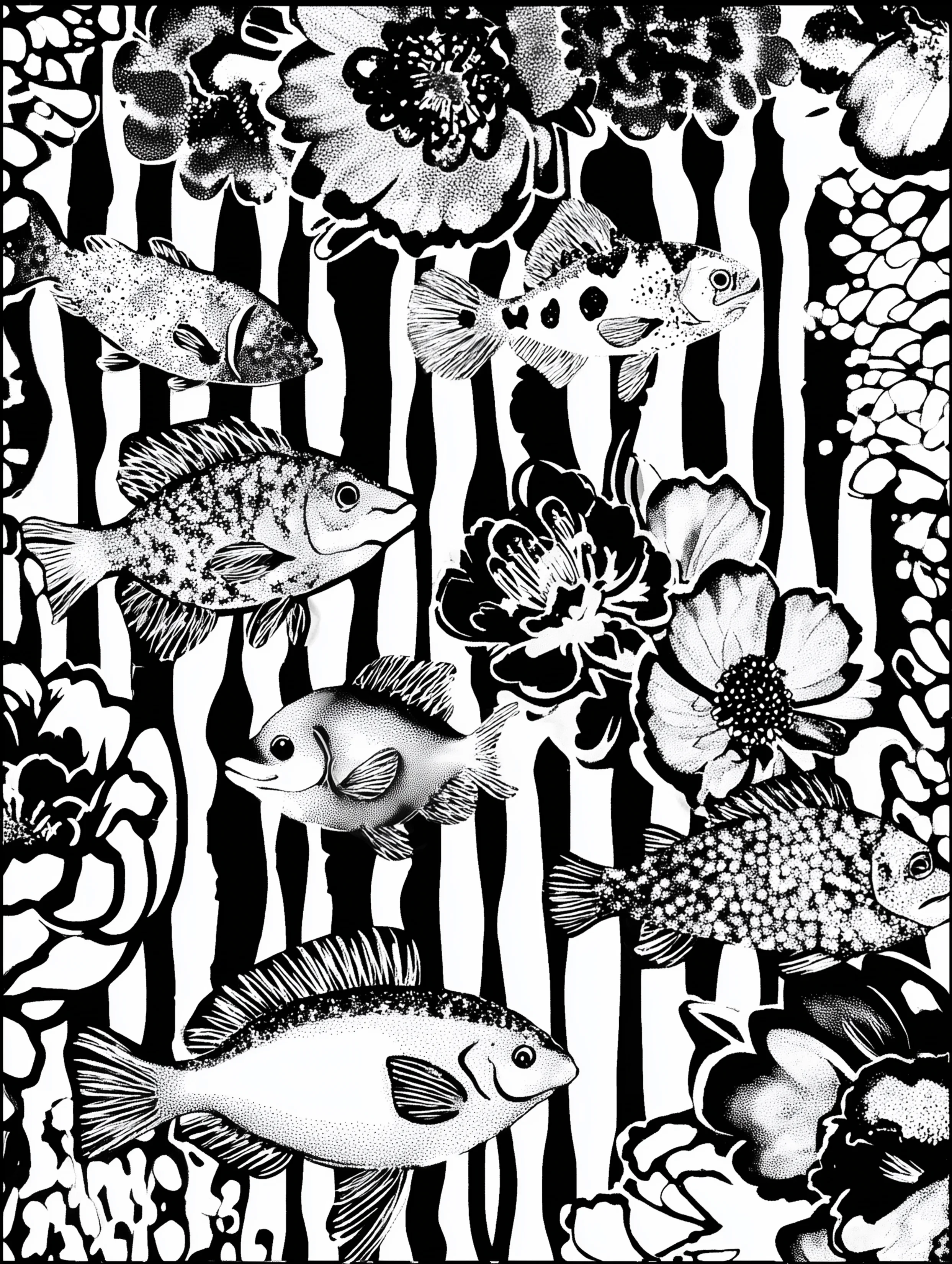 Free printable underwater coloring page for adults featuring striped elements with fish